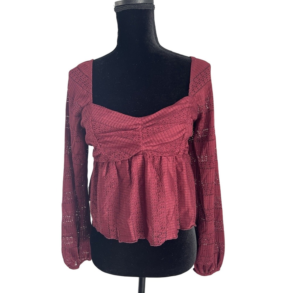 La Peche Burgundy Lace Pointelle Long Sleeve Open Back Tie Peplum Top Y2K Medium